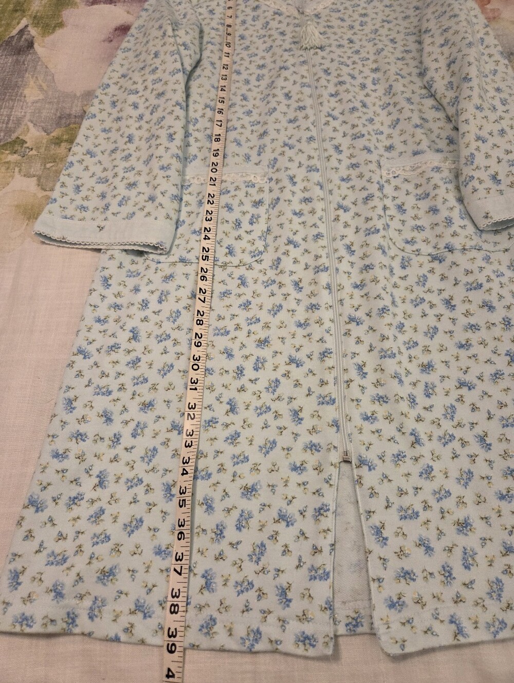 MISS ELAINE Blue Ditsy Flower Full Zip Long Sleeve House Coat Duster Robe Size S - Picture 8 of 12